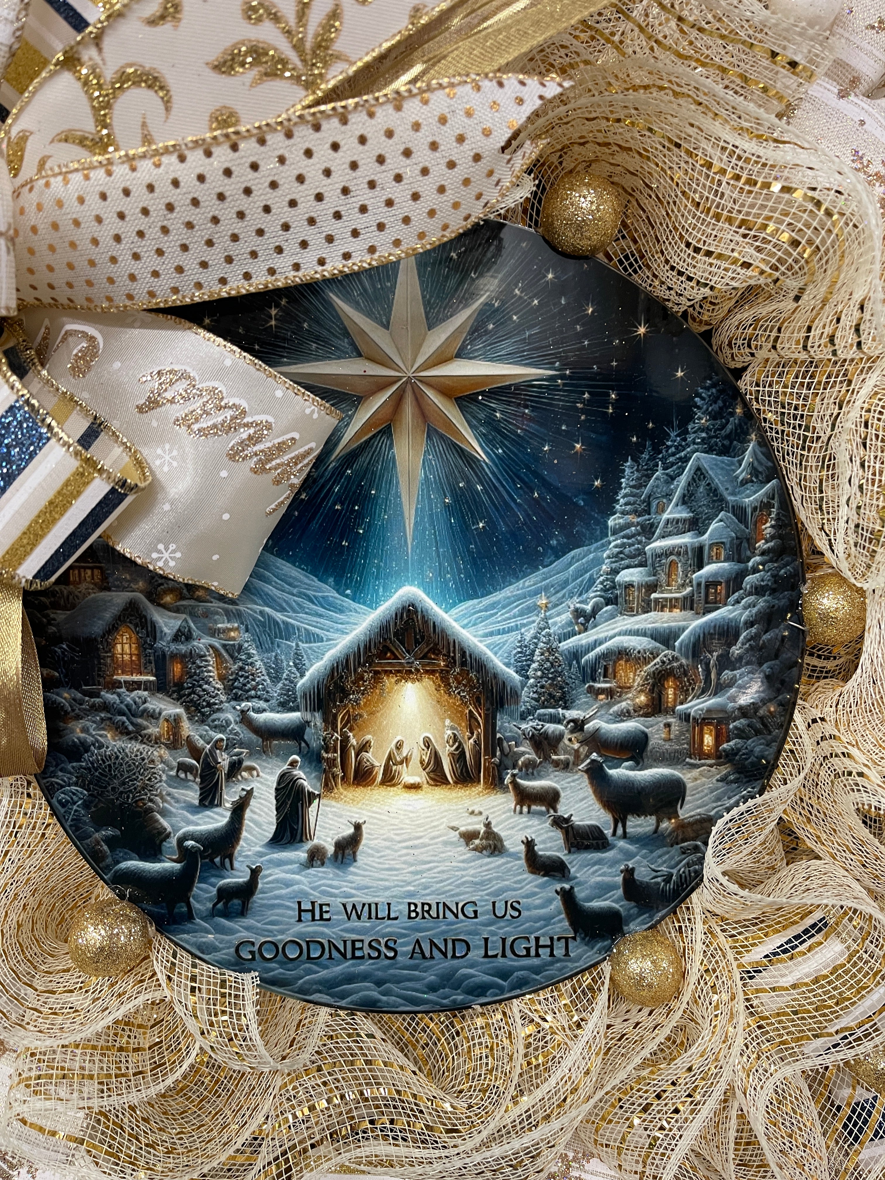 Goodness and Light Nativity Christmas Wreath | Elegant Gold & Cream Mesh Holiday Door Decor | Luke 2:14 Nativity Scene Wreath, KatsCreationsNMore