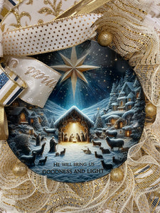 Goodness and Light Nativity Christmas Wreath | Elegant Gold & Cream Mesh Holiday Door Decor | Luke 2:14 Nativity Scene Wreath, KatsCreationsNMore
