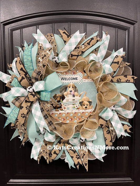 Welcome Dog Kisses Wreath, Puppy Love Front Door Decor, KatsCreationsNMore