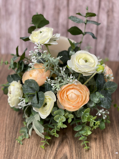 Spring Floral Centerpiece, Mothers Day Gift Bottle Bouquet, Peach and White Ranunculus Candle Holder, KatsCreationsNMore