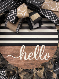 Everyday Hello Wreath, Black and Tan Farmhouse Front Door Decor, KatsCreationsNMore