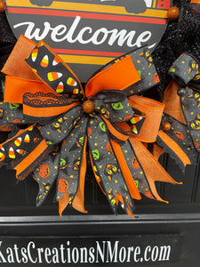 Scaredy Cats Halloween Welcome Wreath – Black Cat, Candy Corn, Jack-o’-Lanterns – Front Door Halloween Decor, KatsCreationsNMore
