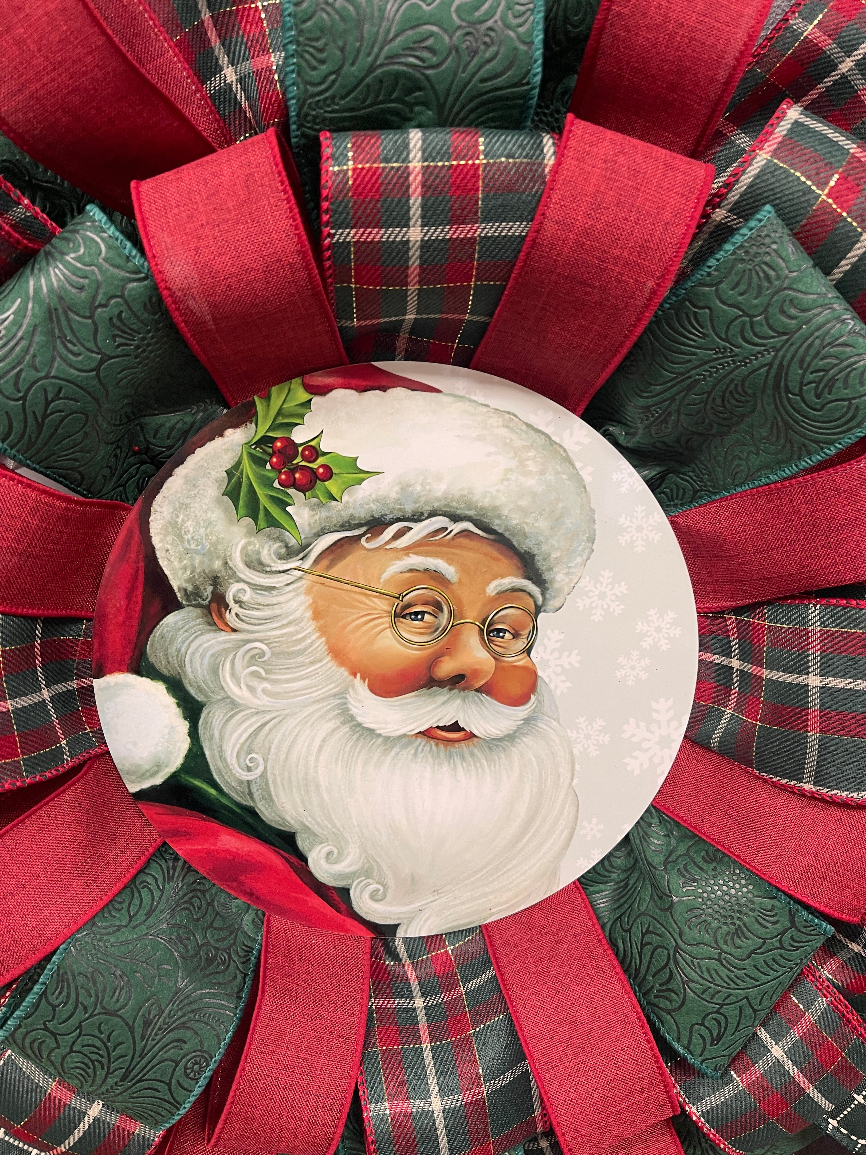 Classic Santa Christmas Ribbon Wreath, Holiday Front Storm Door Decor, KatsCreationsNMore