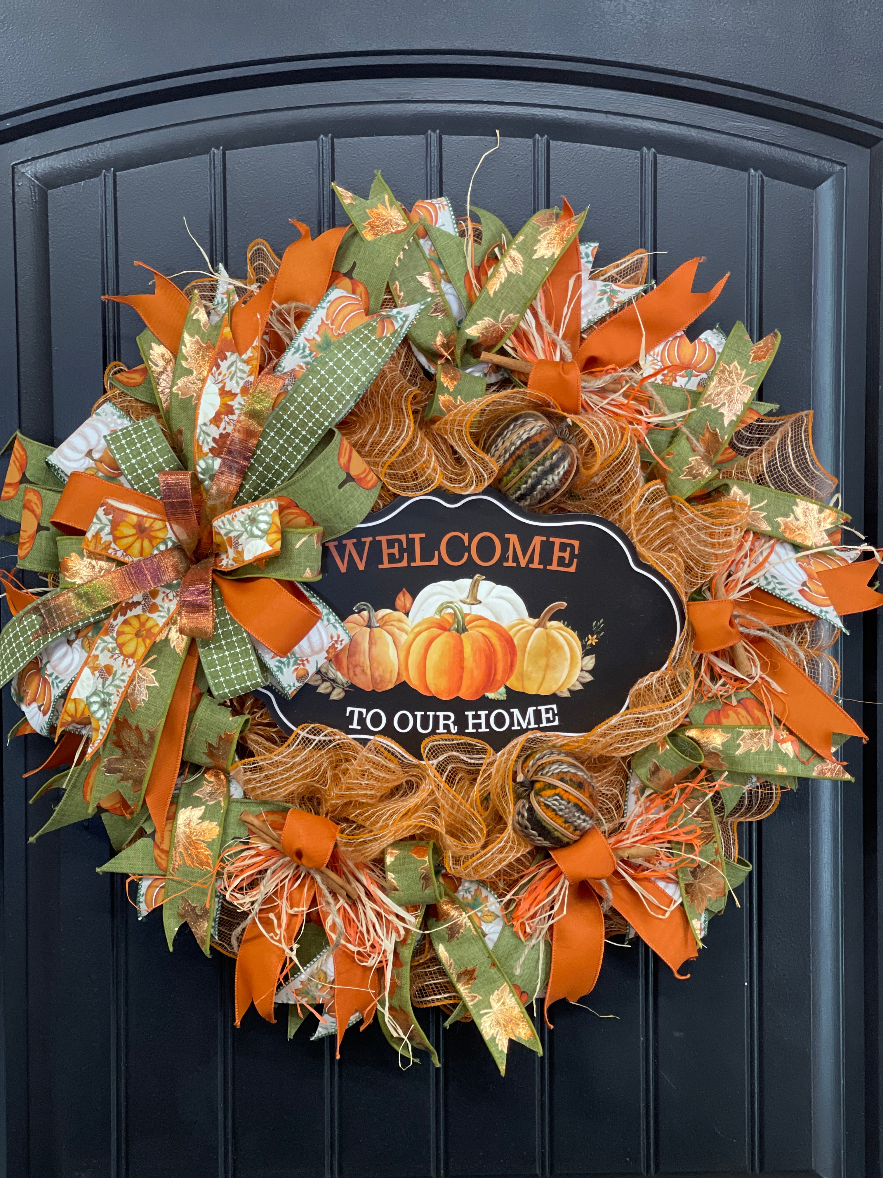 Welcome to Our Home Fall Pumpkin Wreath – Handmade Autumn Front Door Décor with Pumpkins, Cinnamon Sticks, Raffia & Rustic Ribbons, KatsCreationsNMore