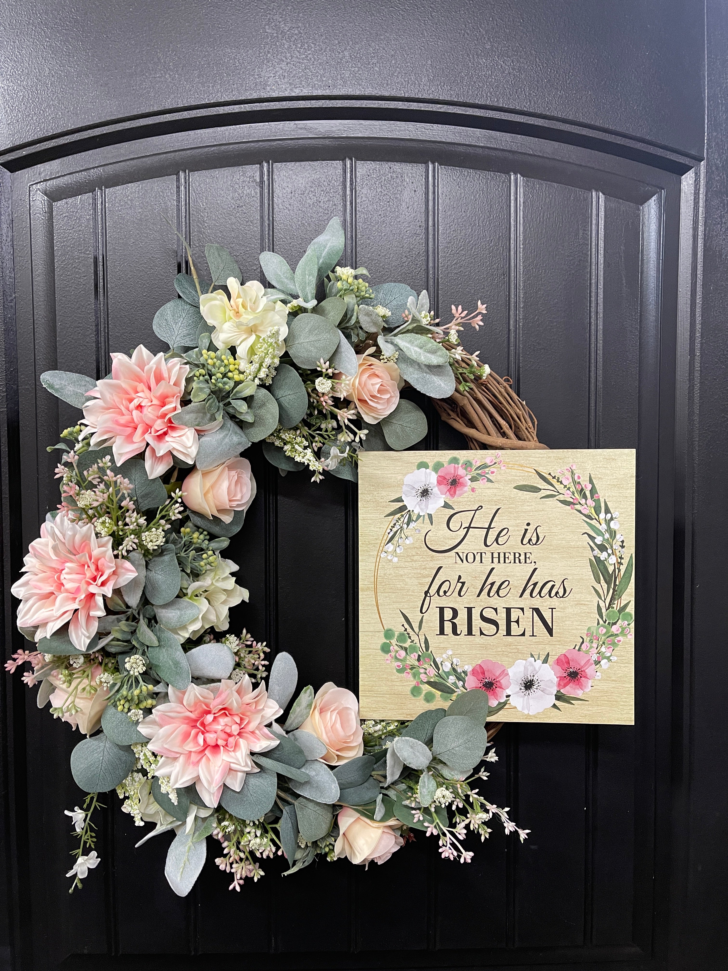 He is Risen Easter Floral Grapevine Wreath, Spring Resurrection Faith Front Door Decor, KatsCreationsNMore