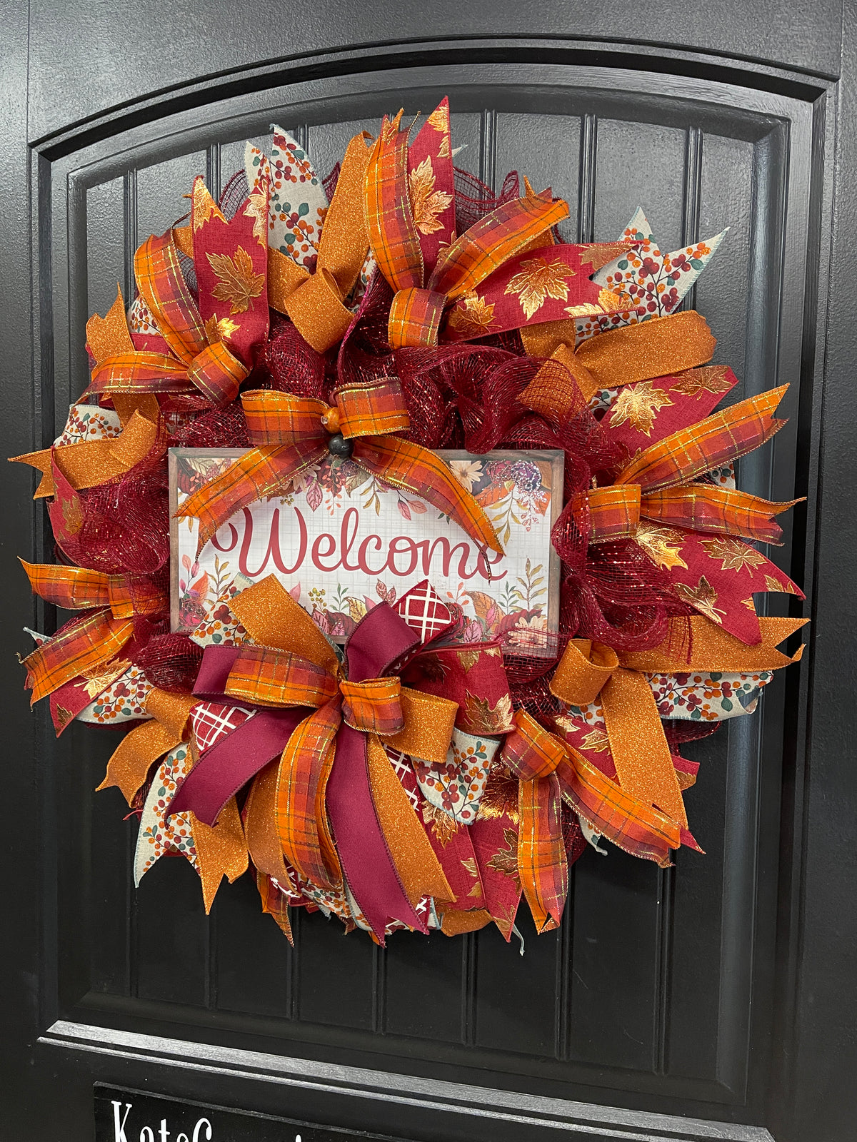 Autumn Welcome Wreath – Fall Front Door Decor with Burgundy, Orange, and Plaid Ribbons – Thanksgiving or Harvest Home Accent, KatsCreationsNMore