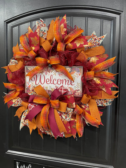 Autumn Welcome Wreath – Fall Front Door Decor with Burgundy, Orange, and Plaid Ribbons – Thanksgiving or Harvest Home Accent, KatsCreationsNMore