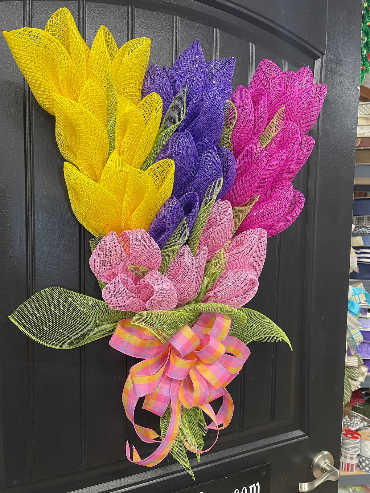 Spring Deco Mesh Tulip Bouquet Wreath, Floral Swag Front Door Decor, KatsCreationsNMore