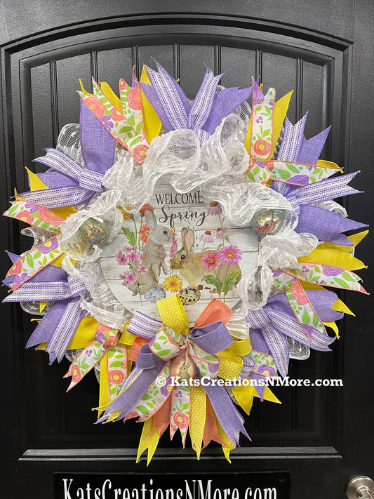 Welcome Spring Watercolor Bunnies Wreath, Easter Front Door Decor, KatsCreationsNMore