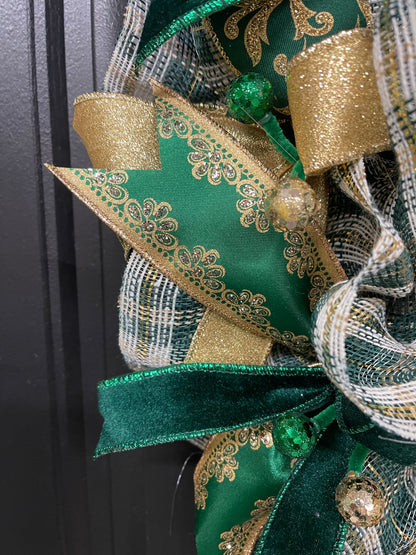 Elegant Victorian Green & Gold Merry Christmas Wreath | Handmade Holiday Door Decor | Velvet Ribbon Christmas Wreath | KatsCreationsNMore