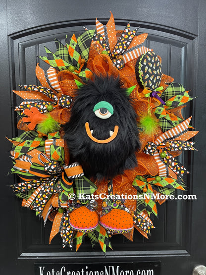 Halloween Monster Candy Corn Sucker Wreath, Seasonal Holiday Front Door Decor, KatsCreationsNMore