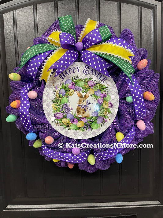 Happy Easter Bunny Egg Wreath, Spring Front Door Decor, KatsCreationsNMore