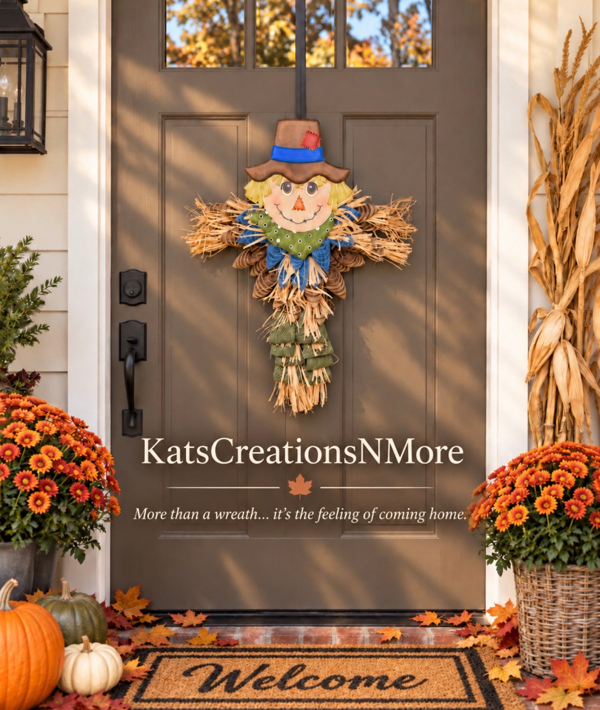 Rustic Fall Scarecrow Door Hanger Wreath by KatsCreationsNMore