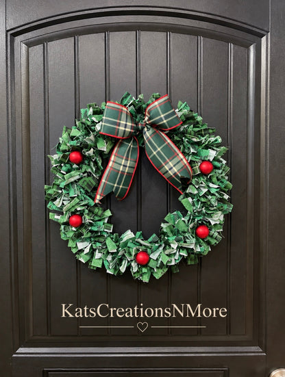 Christmas Fabric Wreath, 16 Inch Plaid Holiday Wreath, Small Farmhouse Door Decor, Rustic RV Camper Christmas Decoration