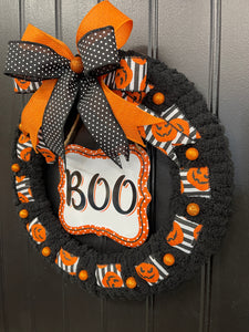 Halloween “BOO” Wreath for Front Door – 16-Inch Black & Orange Jack-O’-Lantern Wreath – Storm Door Friendly - KatsCreationsNMore