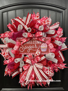 Welcome Sugar Valentines Day Wreath, Sweet Holiday Front Door Decor, KatsCreationsNMore