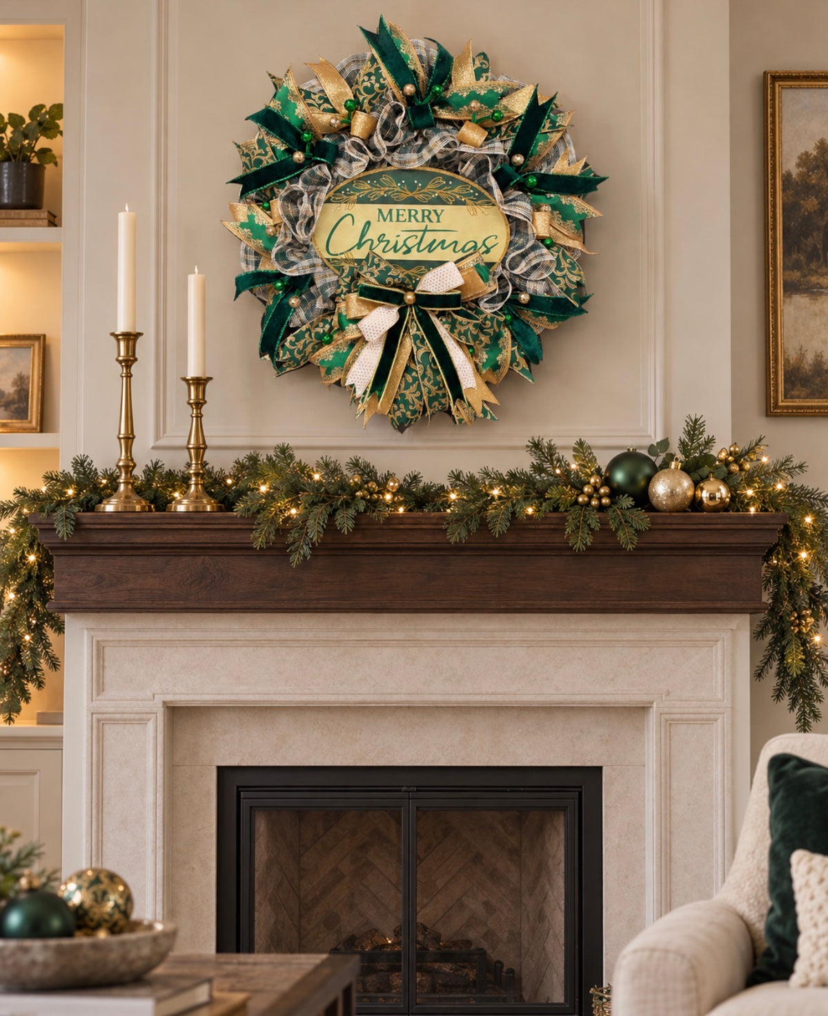 Elegant Victorian Green & Gold Merry Christmas Wreath | Handmade Holiday Door Decor | Velvet Ribbon Christmas Wreath | KatsCreationsNMore