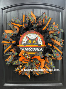 Scaredy Cats Halloween Welcome Wreath – Black Cat, Candy Corn, Jack-o’-Lanterns – Front Door Halloween Decor, KatsCreationsNMore