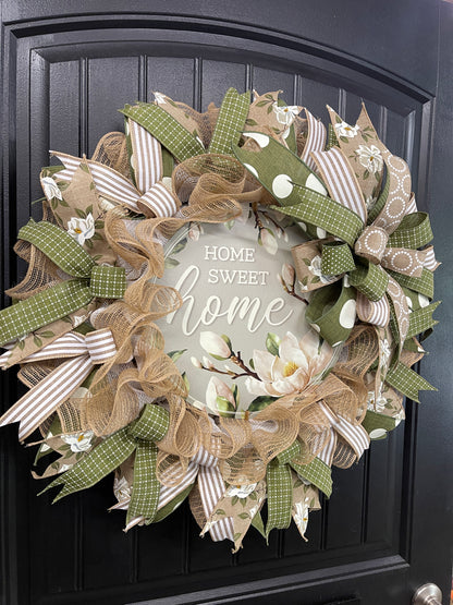 Magnolia Home Sweet Home Everyday Wreath, Southern Charm Front Door Decor, KatsCreationsNMore