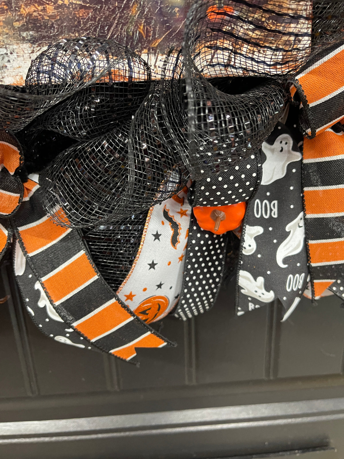 Halloween Ghost Deco Mesh Wreath | Cute Ghost Front Door Wreath | Handmade Halloween Decor | Black Orange Mesh Wreath | Halloween Porch Decor