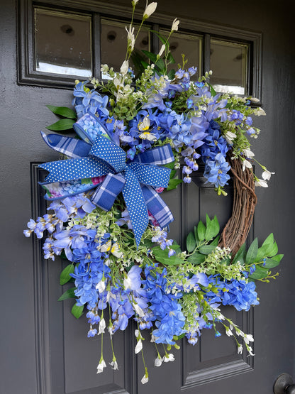 Spring Blue Hyacinth and Wisteria Grapevine Wreath, Mothers Day, Gift for Her, KatsCreationsNMore