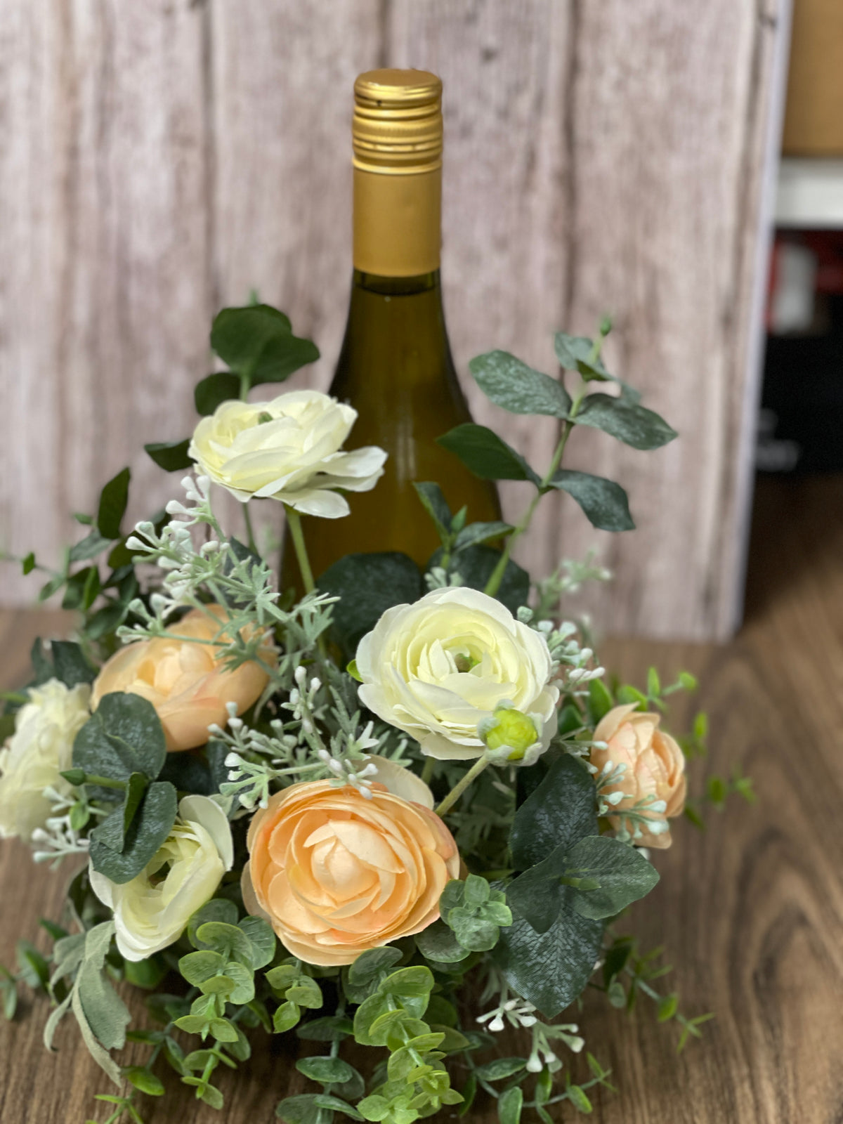 Spring Floral Centerpiece, Mothers Day Gift Bottle Bouquet, Peach and White Ranunculus Candle Holder, KatsCreationsNMore