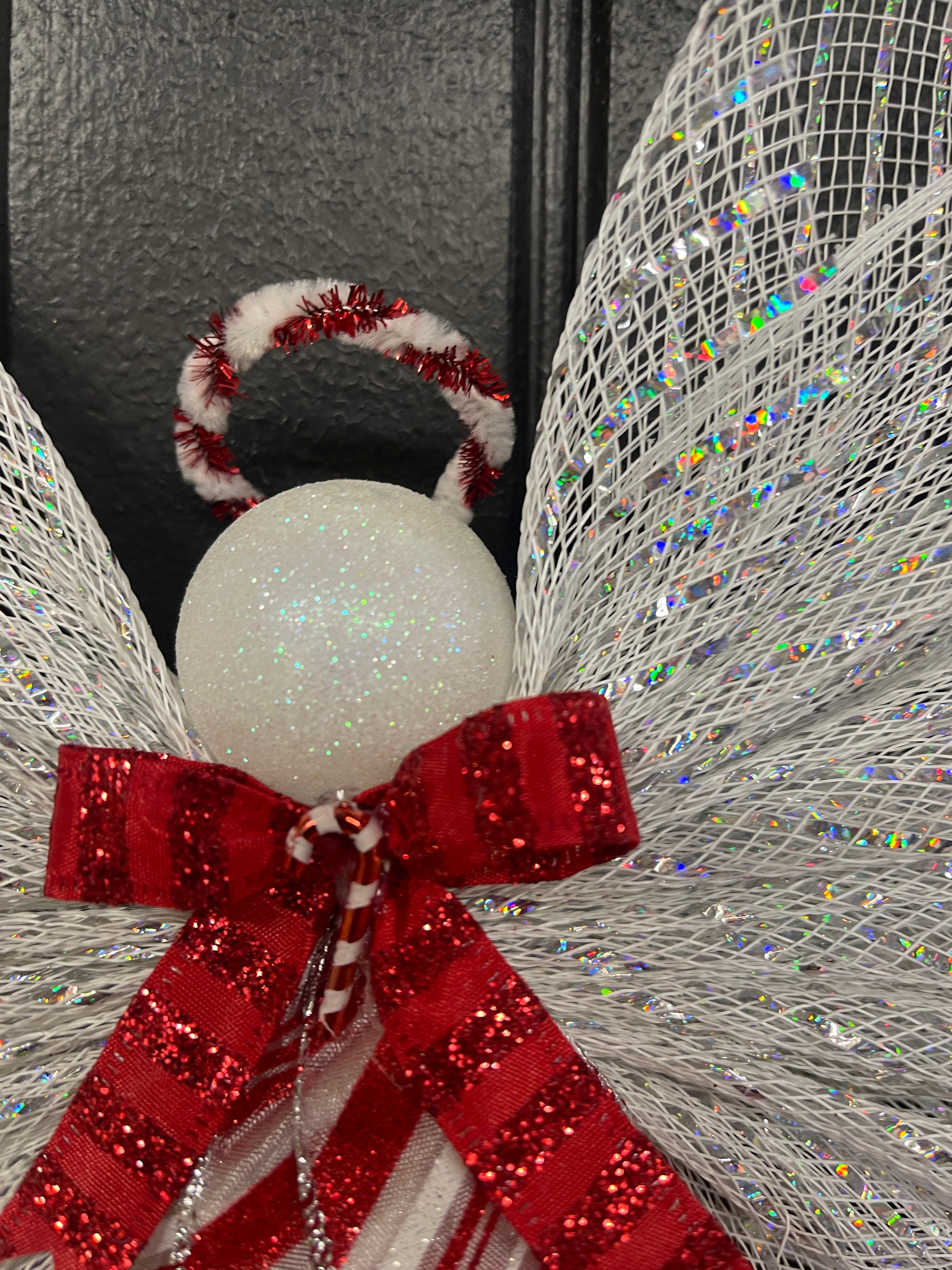 Candy Cane Christmas Angel Tree Topper, Holiday Guardian Angel Wreath, Graveside Memorial, KatsCreationsNMore