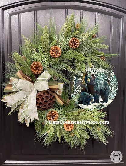 Black Bear Welcome Grapevine Wreath, Balsam and Pine Front Door Decor, KatsCreationsNMore