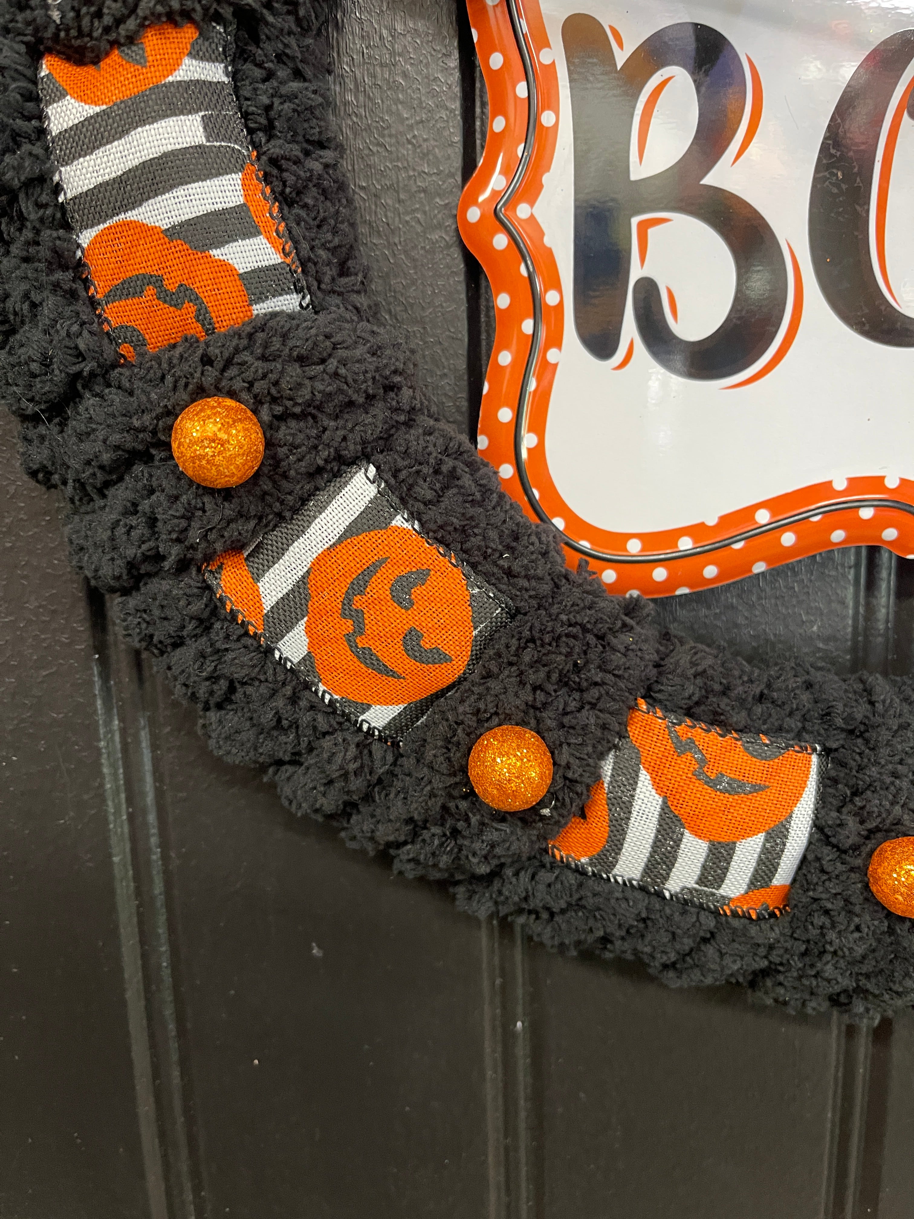 Halloween “BOO” Wreath for Front Door – 16-Inch Black & Orange Jack-O’-Lantern Wreath – Storm Door Friendly - KatsCreationsNMore