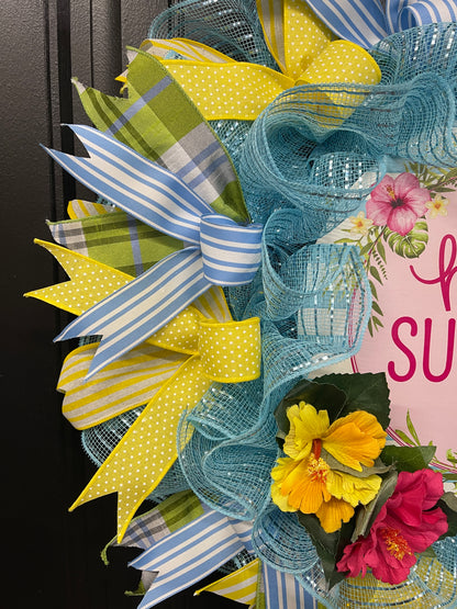 Hello Summer Wreath, Hibiscus Floral Front Door Decor, Beach House Decoration, KatsCreationsNMore