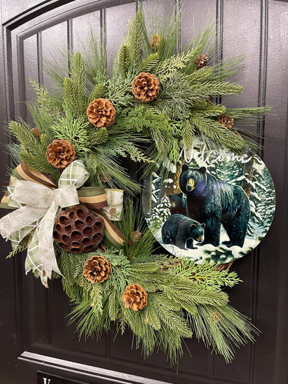 Black Bear Welcome Grapevine Wreath, Balsam and Pine Front Door Decor, KatsCreationsNMore