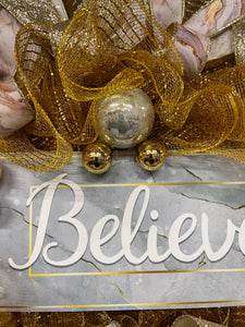 Gold Marble Believe Christmas Wreath, Metallic Holiday Front Door Decor, KatsCreationsNMore