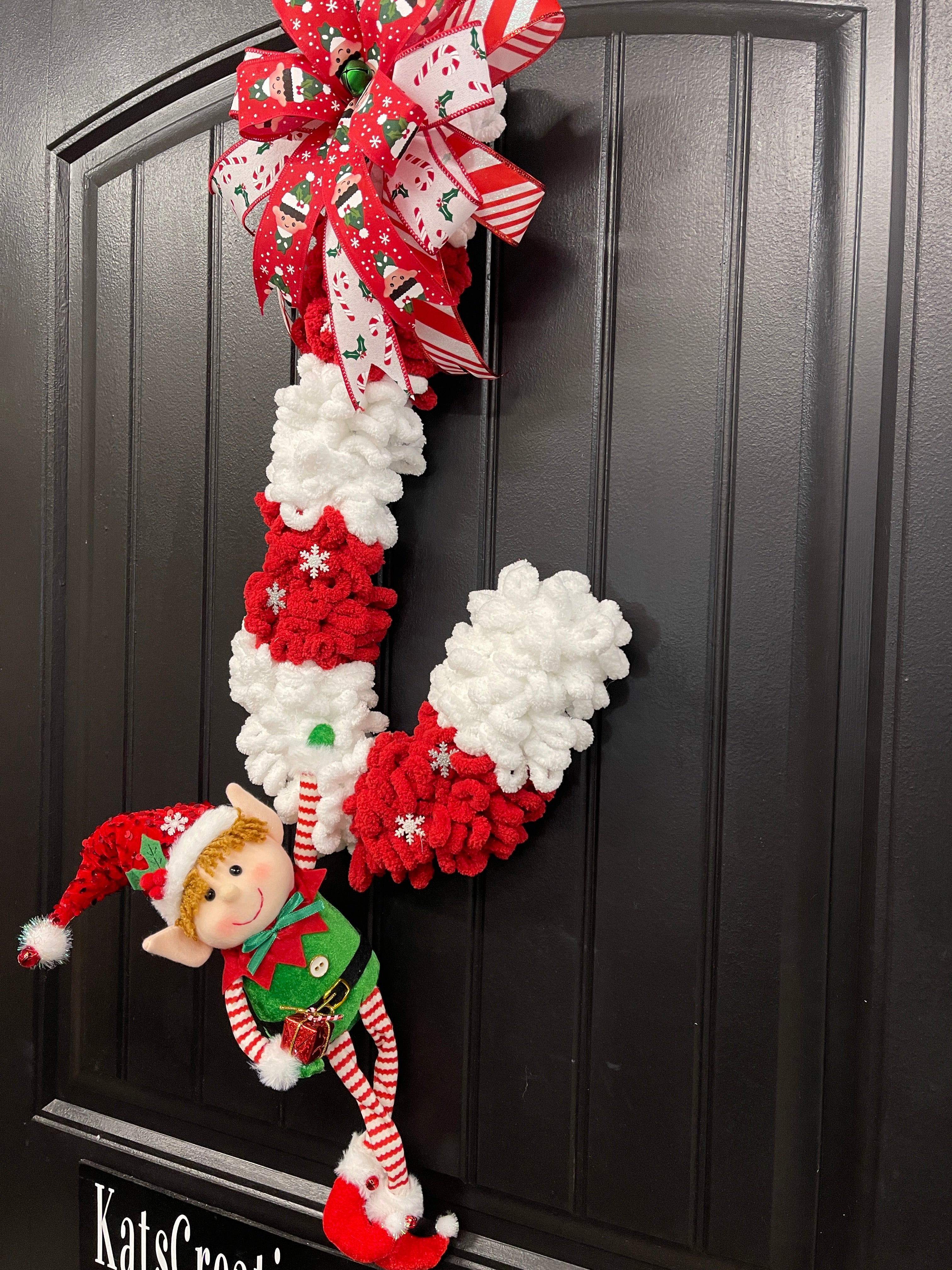 Candy Cane Christmas Elf Wreath, Holiday Yarn Front Door Decor, KatsCreationsNMore