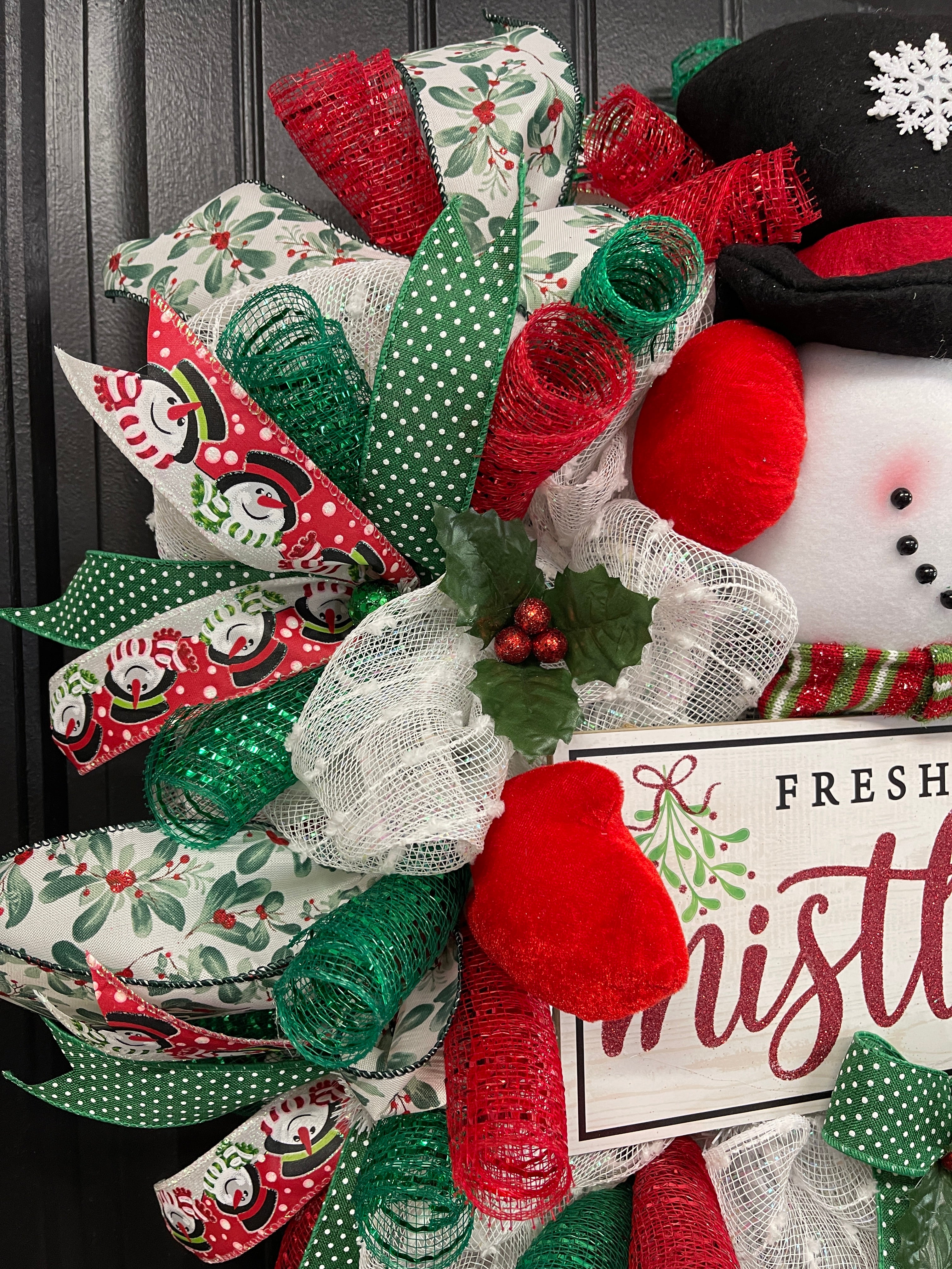 Snowman Mistletoe Christmas Wreath, Winter Seasonal Holiday Front Door Decor, KatsCreationsNMore