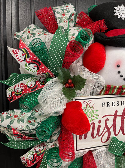Snowman Mistletoe Christmas Wreath, Winter Seasonal Holiday Front Door Decor, KatsCreationsNMore