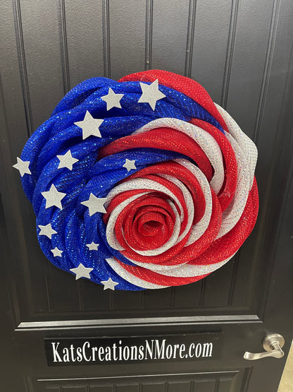 Patriotic Rose Wreath, Deco Mesh Floral Front Door Decor, KatsCreationsNMore