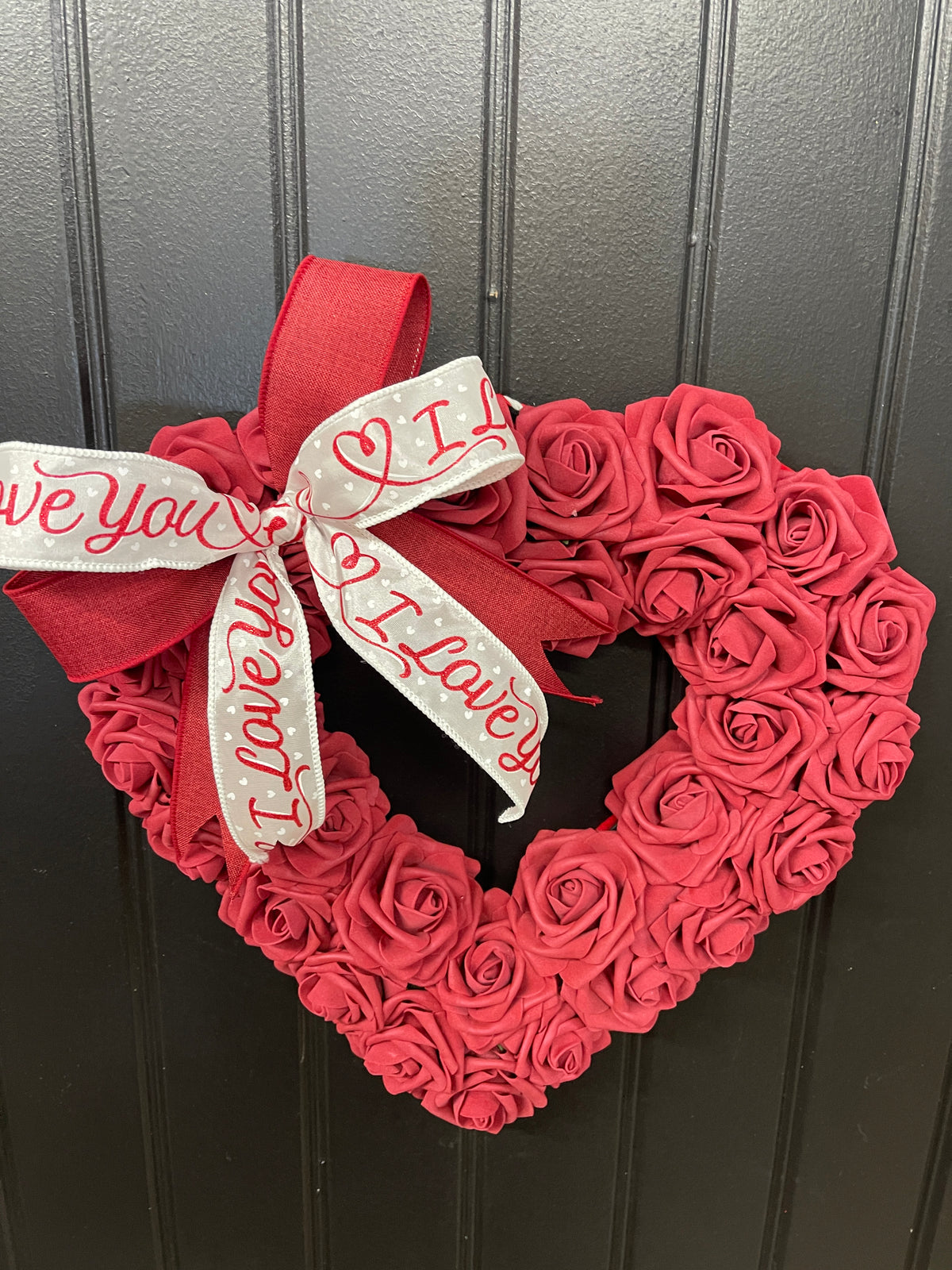 Valentine’s Day Burgundy Rose Heart Shaped Wreath, I Love You Front Door Decor, KatsCreationsNMore