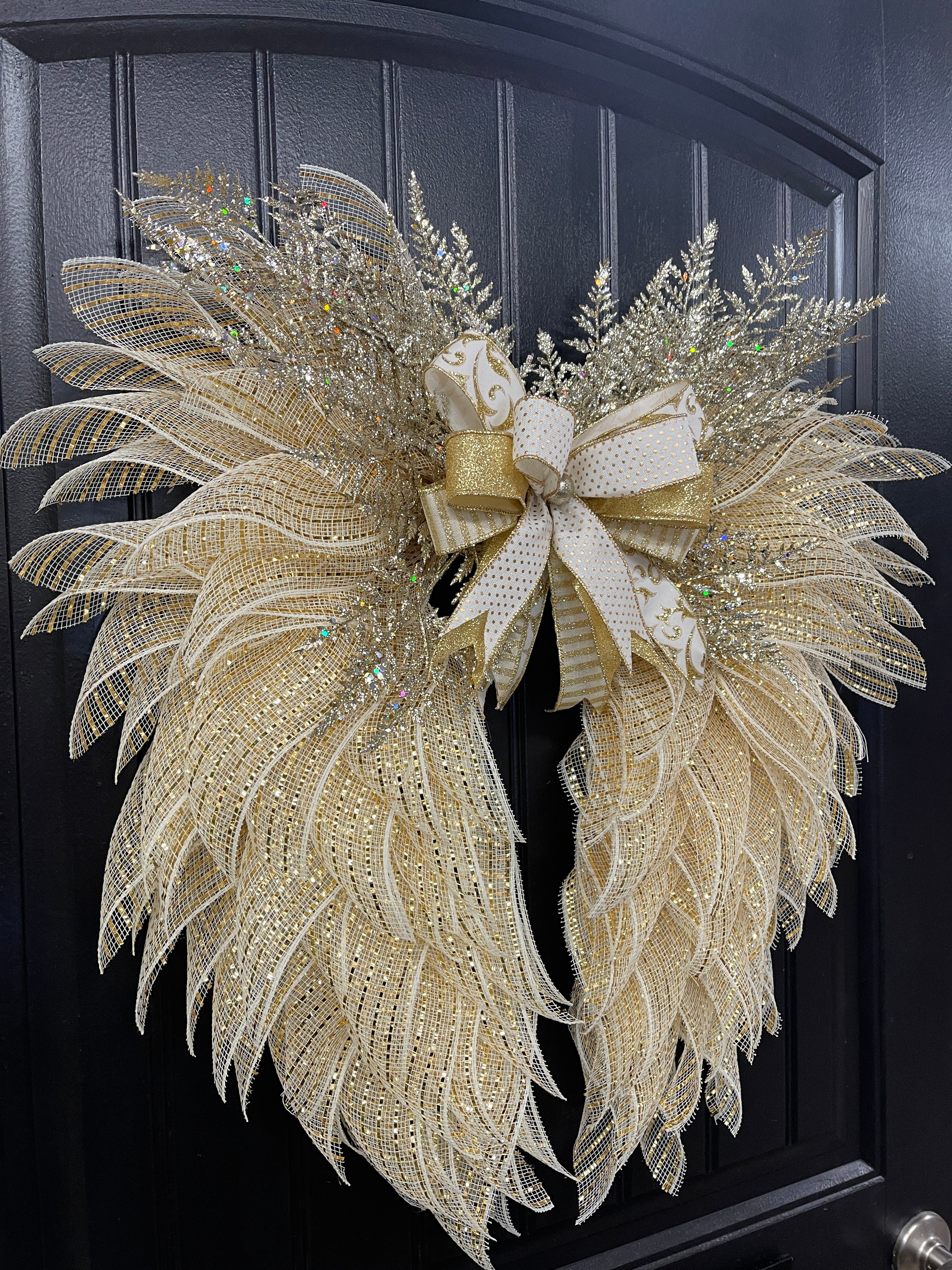 Gold and Cream Angel Wings Wreath, Christmas Holiday Angel Floral Wreath, KatsCreationsNMore