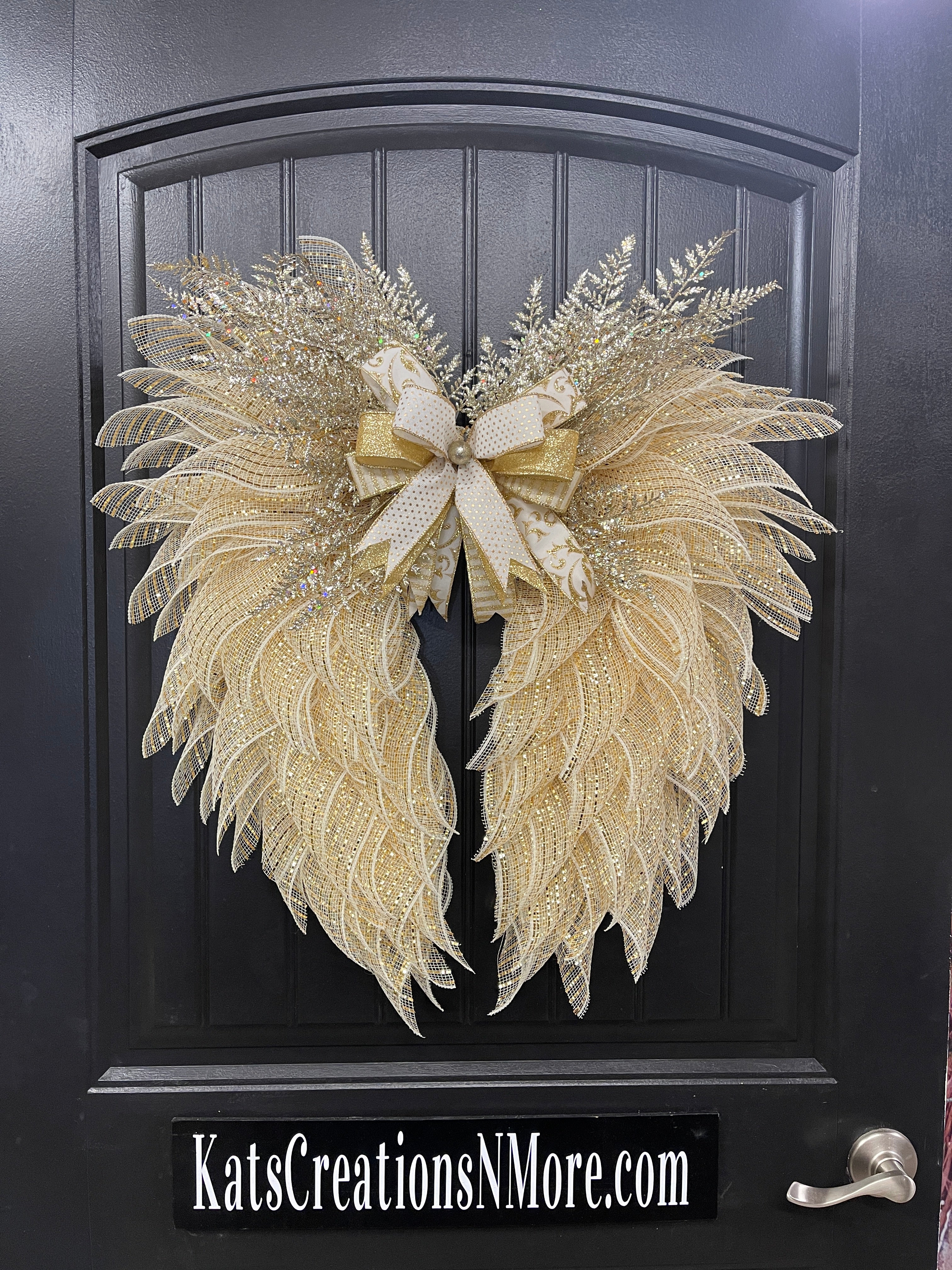 Gold and Cream Angel Wings Wreath, Christmas Holiday Angel Floral Wreath, KatsCreationsNMore