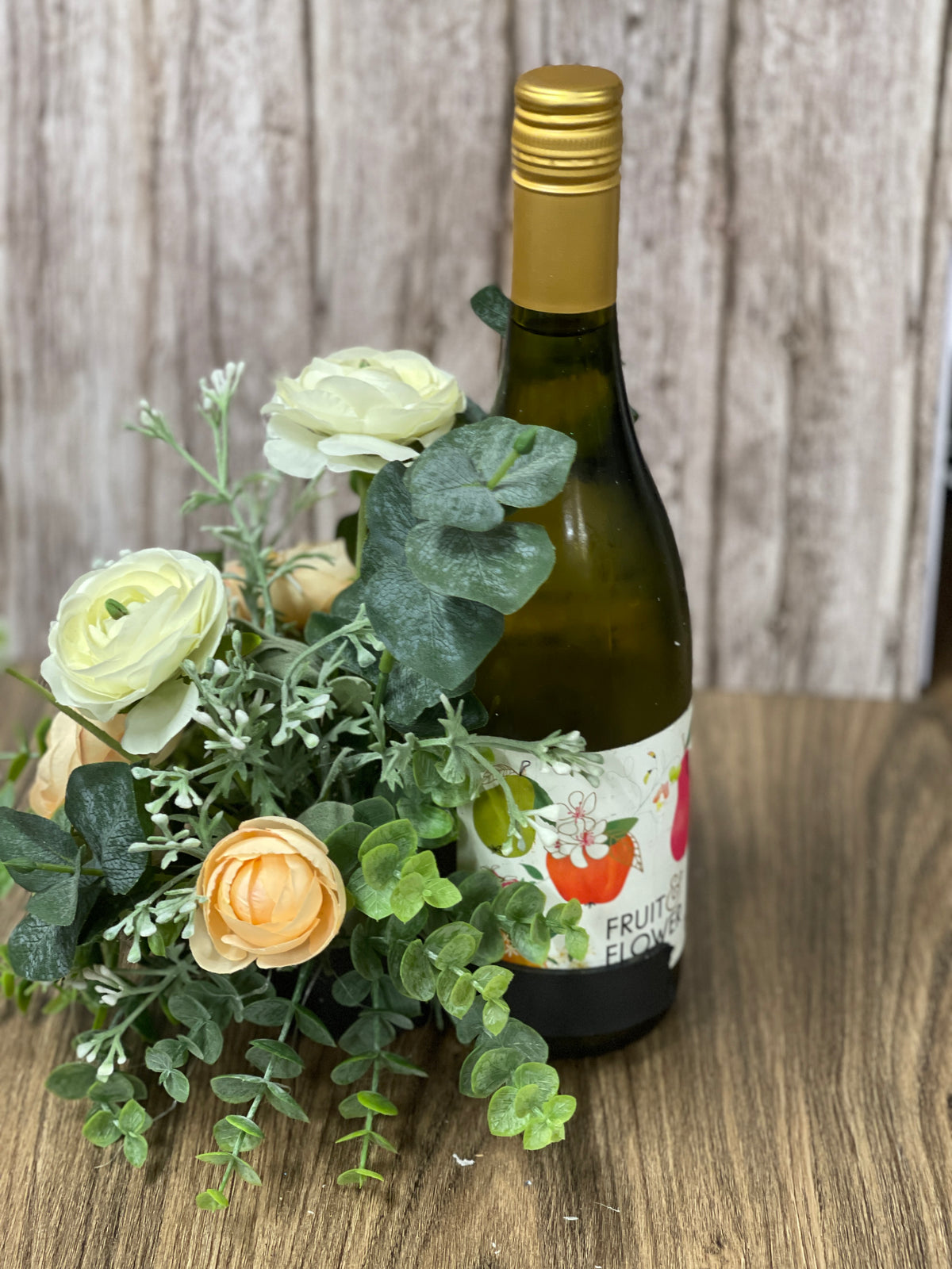 Spring Floral Centerpiece, Mothers Day Gift Bottle Bouquet, Peach and White Ranunculus Candle Holder, KatsCreationsNMore