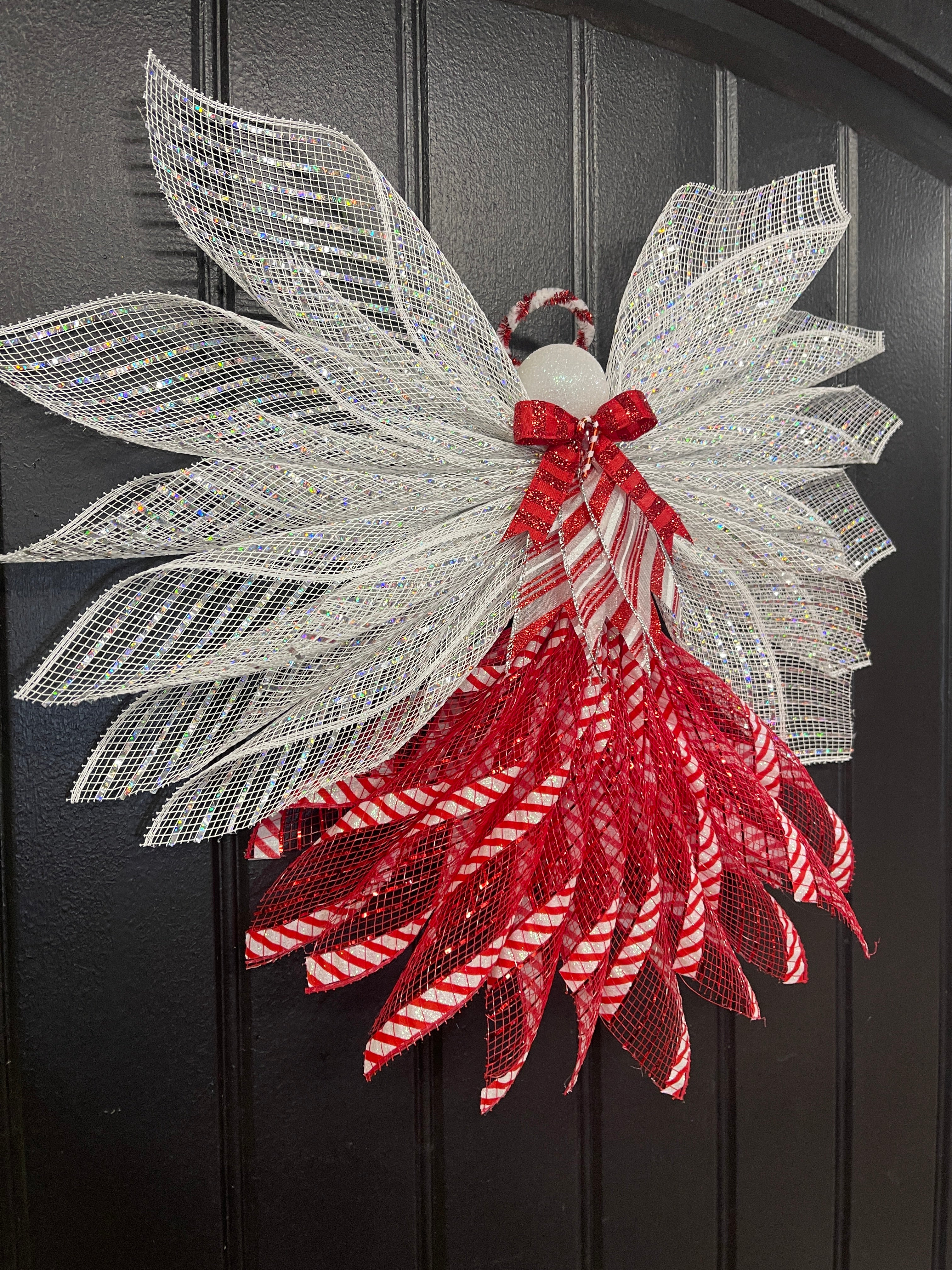 Candy Cane Christmas Angel Tree Topper, Holiday Guardian Angel Wreath, Graveside Memorial, KatsCreationsNMore