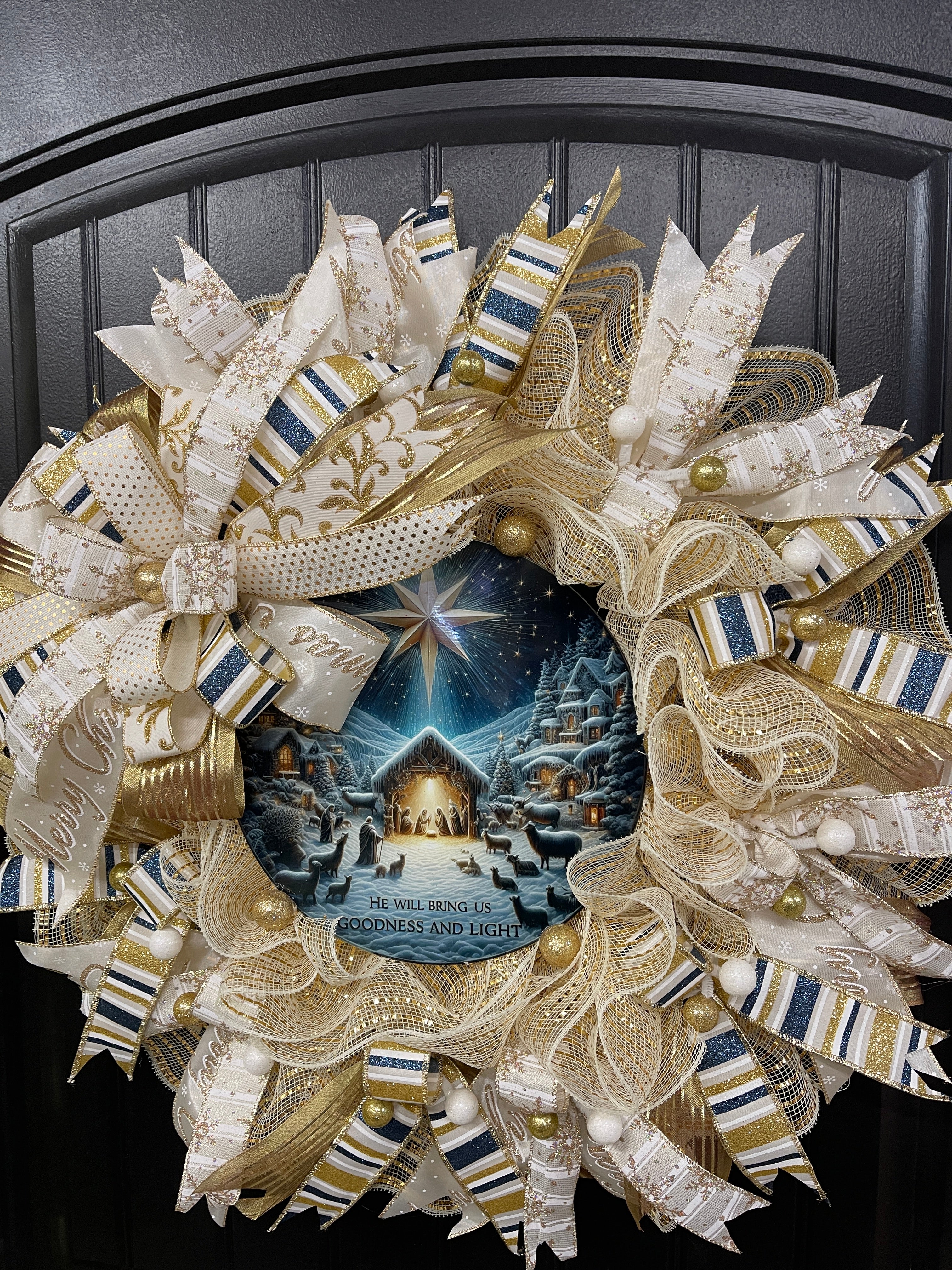 Goodness and Light Nativity Christmas Wreath | Elegant Gold & Cream Mesh Holiday Door Decor | Luke 2:14 Nativity Scene Wreath, KatsCreationsNMore