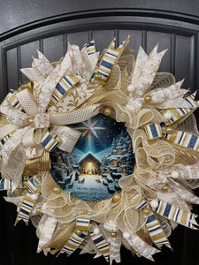 Goodness and Light Nativity Christmas Wreath | Elegant Gold & Cream Mesh Holiday Door Decor | Luke 2:14 Nativity Scene Wreath, KatsCreationsNMore