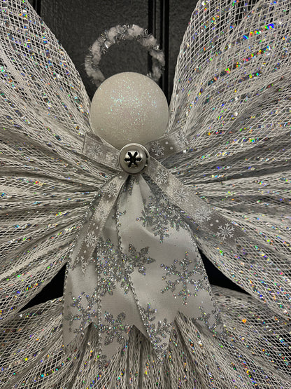 White Iridescent Christmas Angel Tree Topper, Holiday Guardian Angel Wall Decor, Graveside Memorial, KatsCreationsNMore