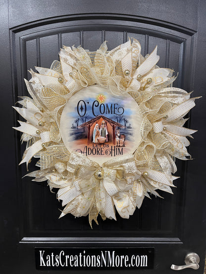 O Come Let Is Adore Him Christmas Wreath, Religious Front Door Winter Decor, Gift for Pastor, KatsCreationsNMore