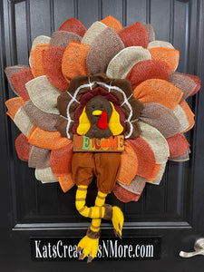 Storm Door Turkey Wreath – Flat Mesh Fall Door Decor with Welcome Sign – Thanksgiving Front Door Decoration by KatsCreationsNMore