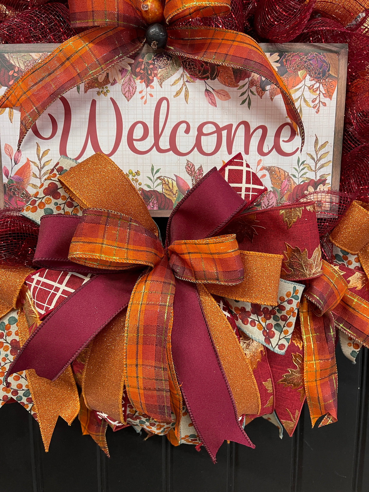 Autumn Welcome Wreath – Fall Front Door Decor with Burgundy, Orange, and Plaid Ribbons – Thanksgiving or Harvest Home Accent, KatsCreationsNMore