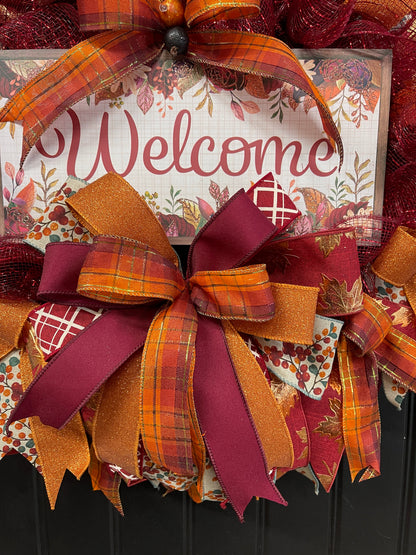Autumn Welcome Wreath – Fall Front Door Decor with Burgundy, Orange, and Plaid Ribbons – Thanksgiving or Harvest Home Accent, KatsCreationsNMore