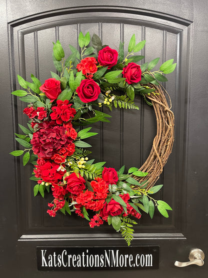 Faith-Filled Red Rose Christian Grapevine Wreath | Meaningful Christian Home Décor | Memorial, Wedding & Devotional Floral Wreath | KatsCreationsNMore