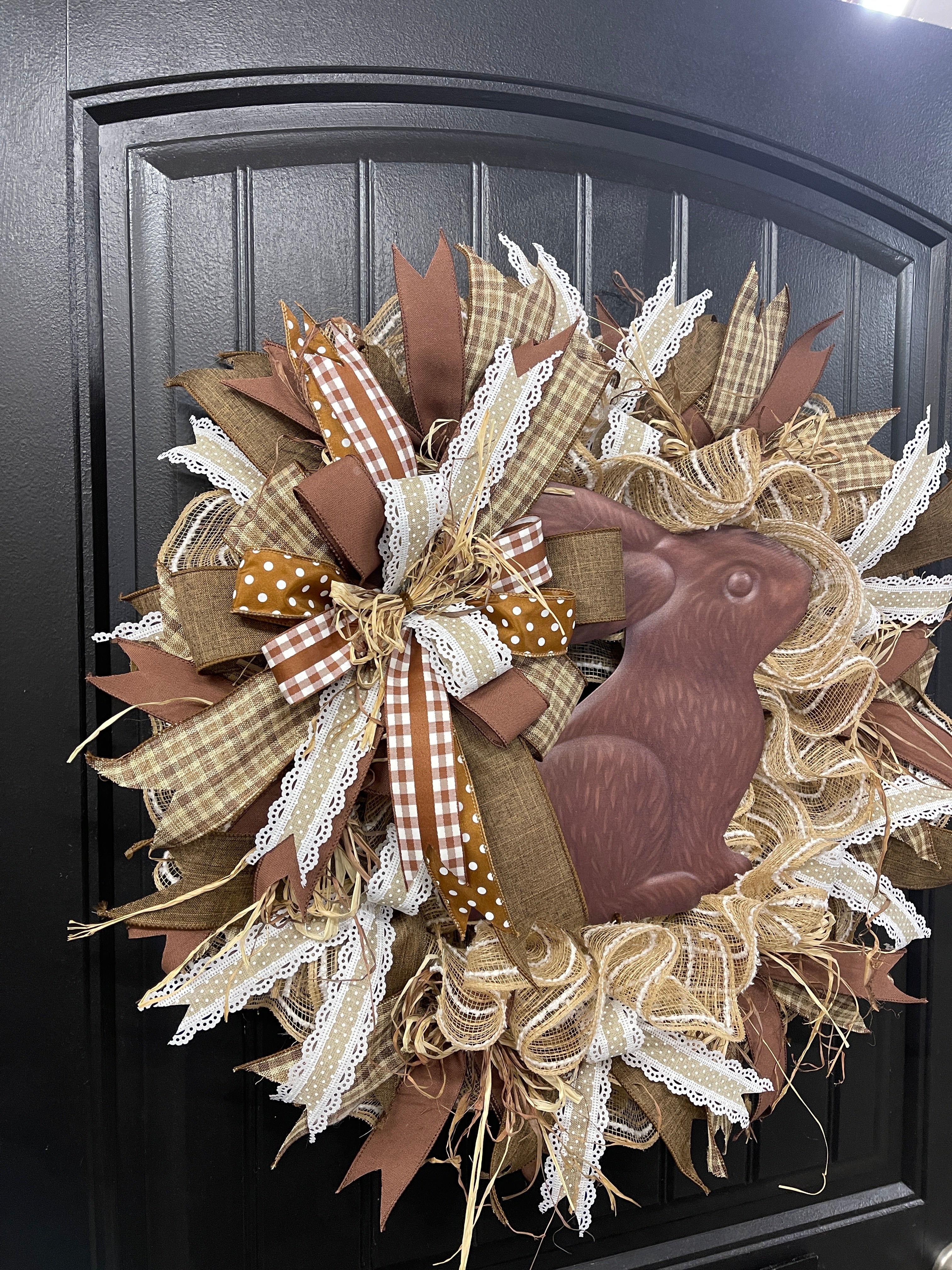 Country Rustic Chocolate Bunny Wreath, Farmhouse Easter Front Door Decor, KatsCreationsNMore